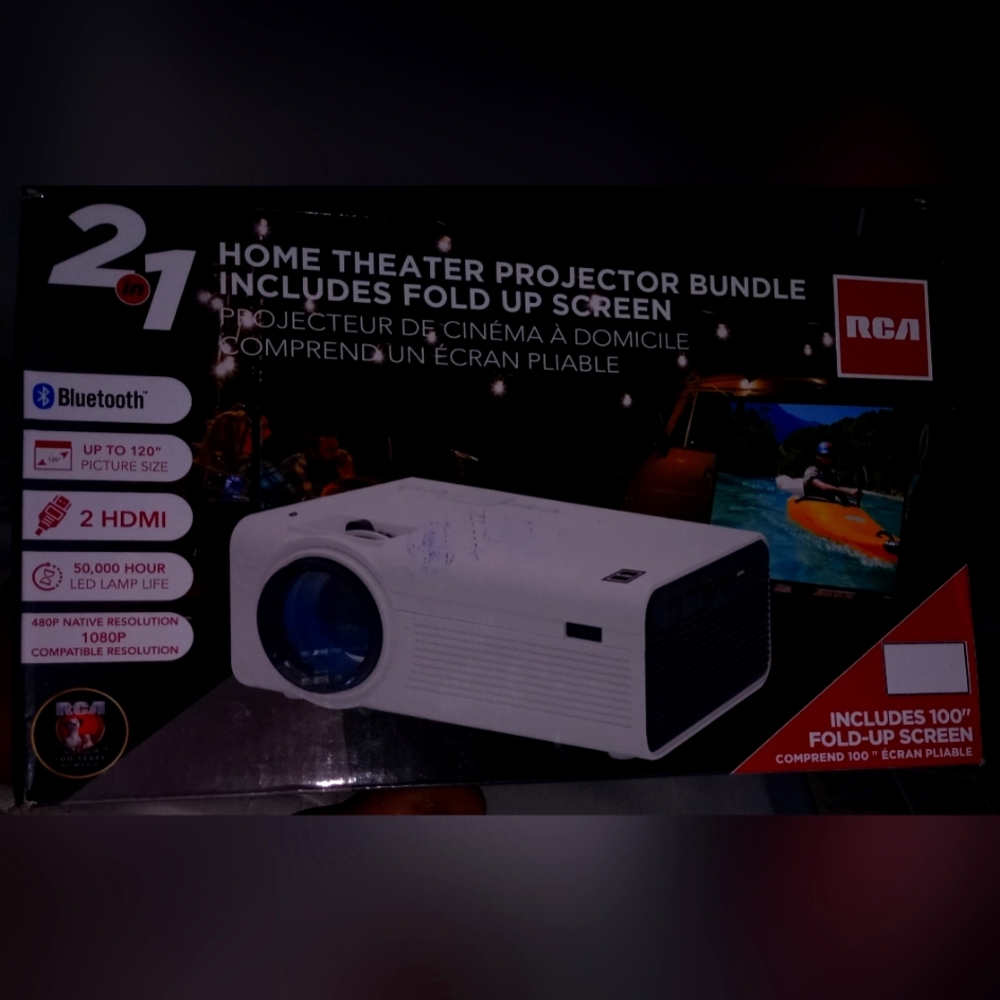 Home theater projector bundle includes fold up screen.